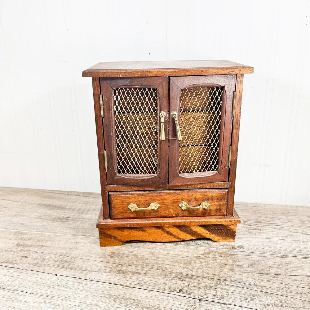 Vintage‎ Wood Musical Jewelry Box Armoire Cabinet Mesh Doors Brown Gold Hardware